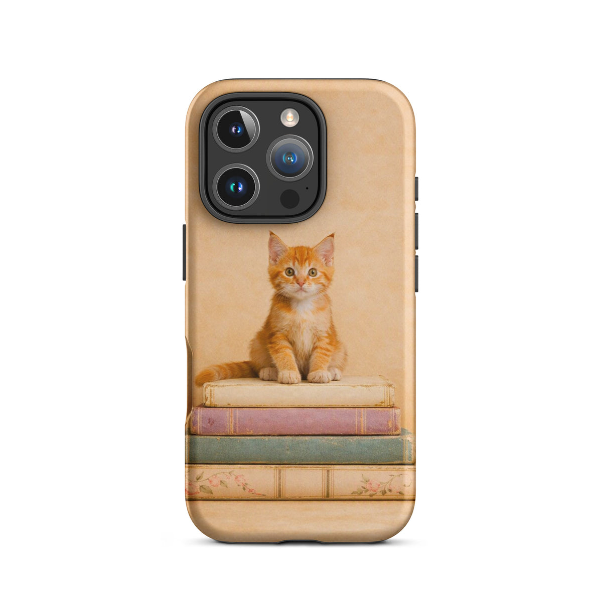 Phone Case with orange kitten on vintage books design for iPhone, cozy and artistic protection