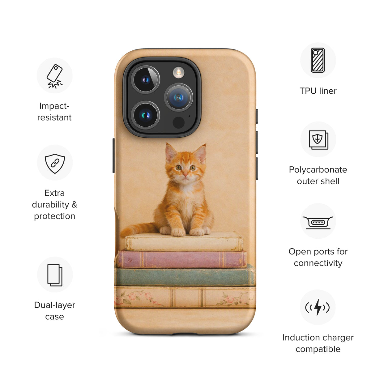 Phone Case for iPhone with orange kitten on vintage books design displayed with durability features