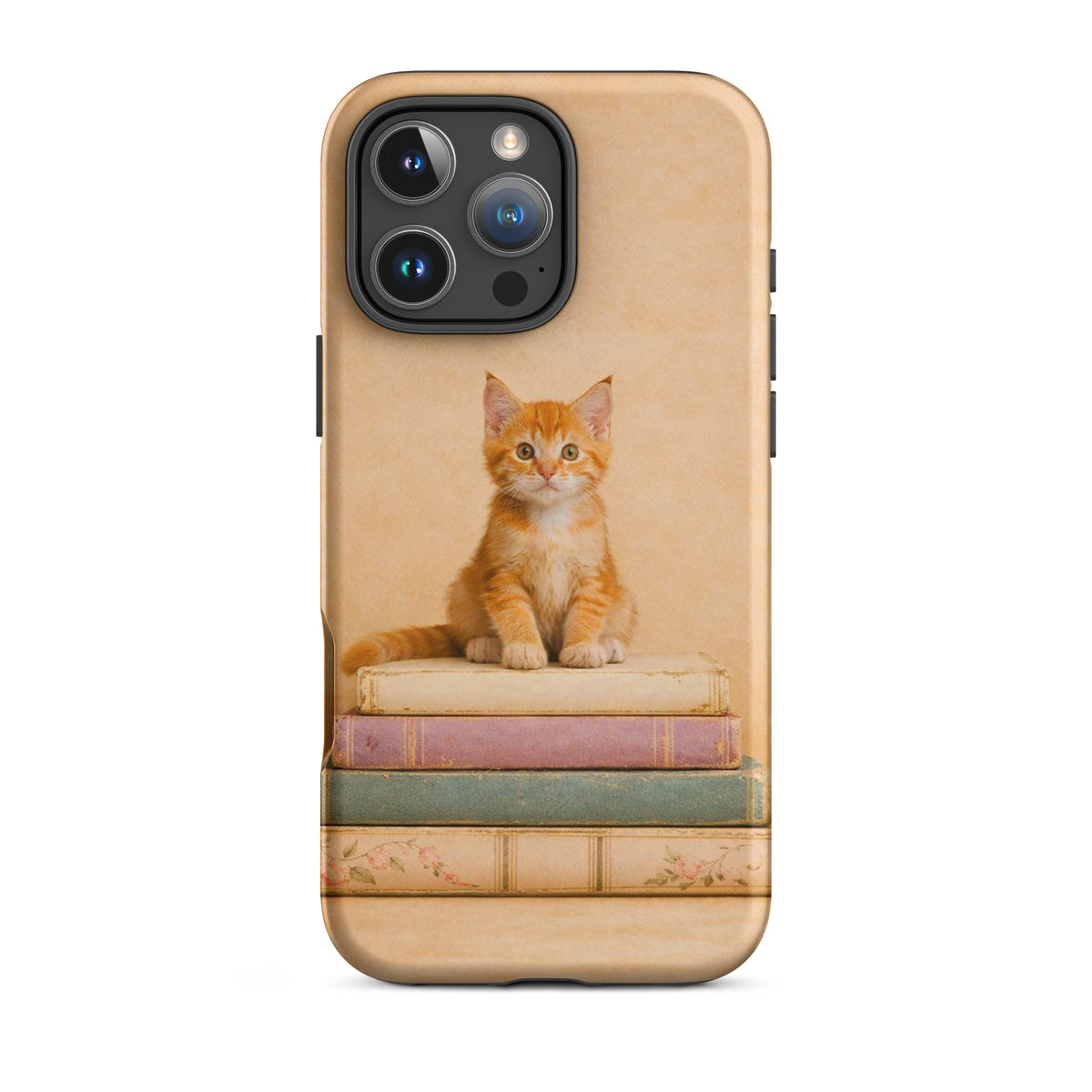 Phone Case for iPhone with cozy kitten on vintage books design, featuring an orange tabby cat on pastel books.