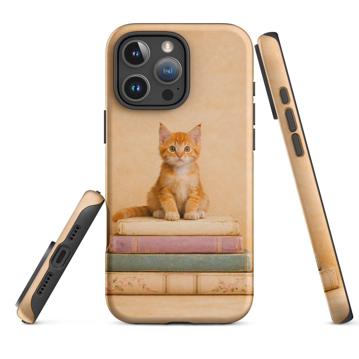 Phone Case for iPhone with orange kitten on vintage books design