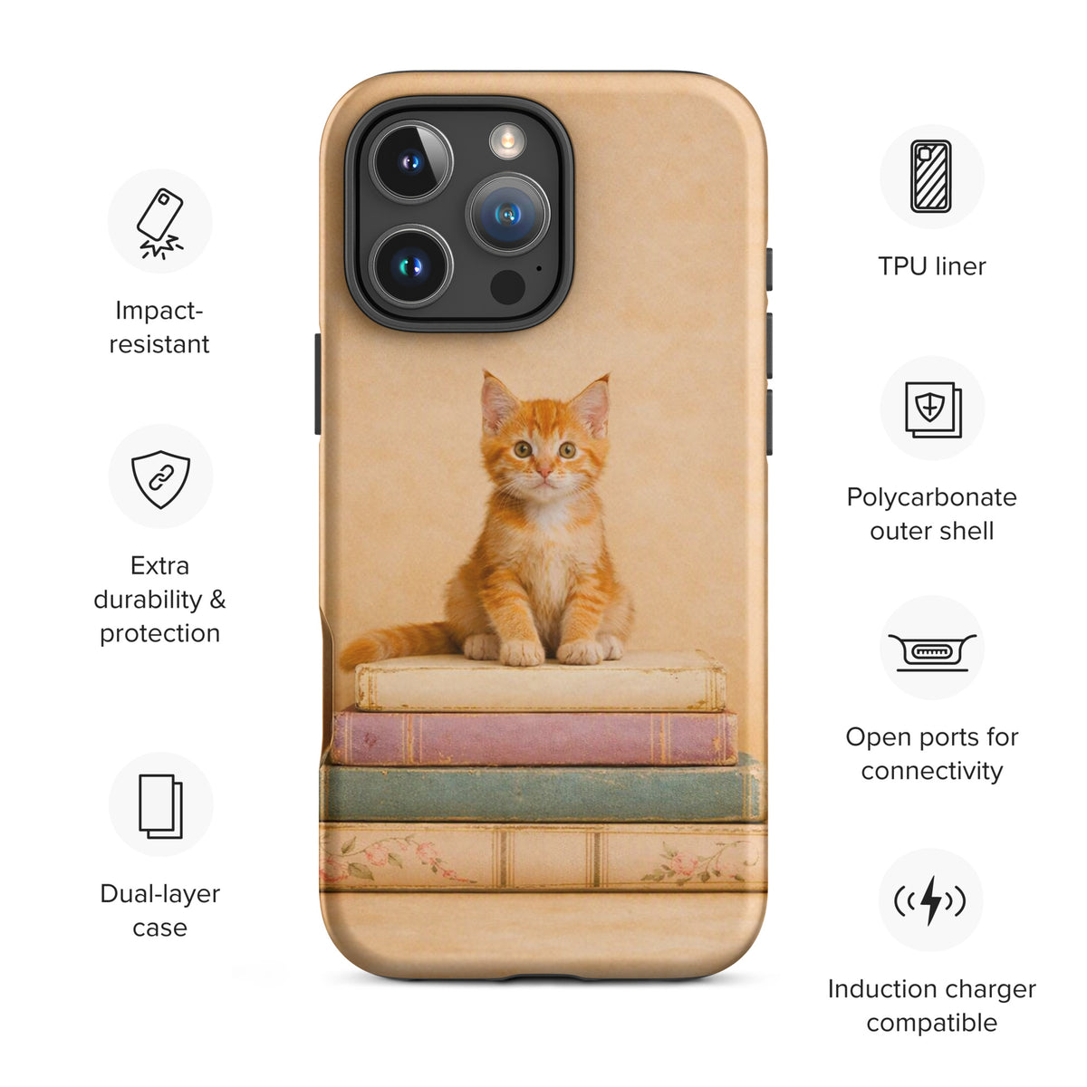 Phone Case for iPhone with orange kitten on vintage books design, impact-resistant and compatible with induction charging.
