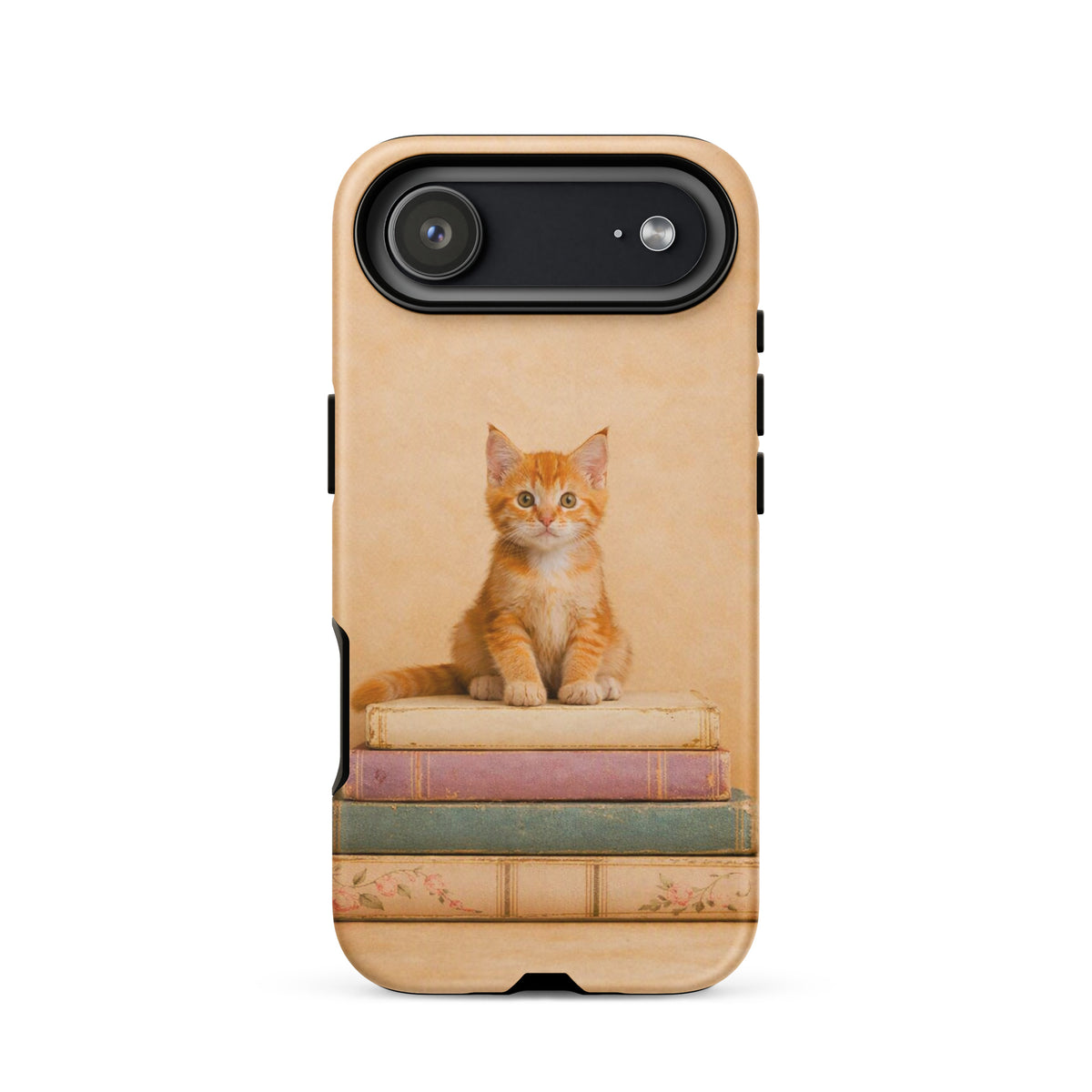 Phone Case featuring a kitten sitting on vintage books design on iPhone case, charming and protective accessory.