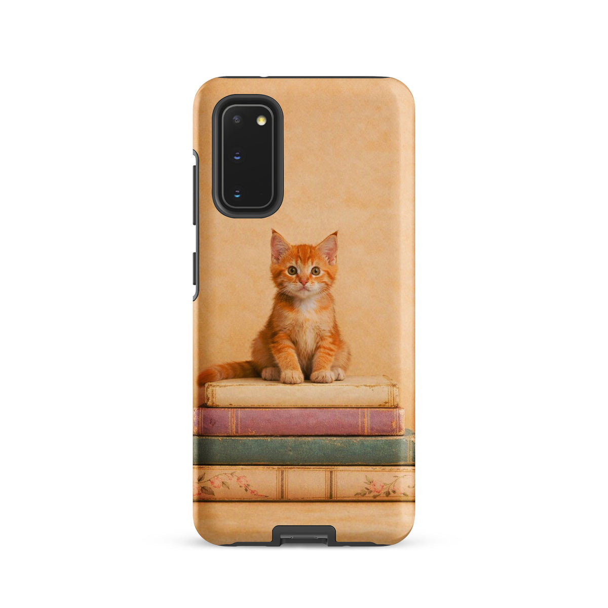 Phone Case for Samsung Galaxy featuring a cute orange tabby kitten on vintage pastel books, cozy and protective design