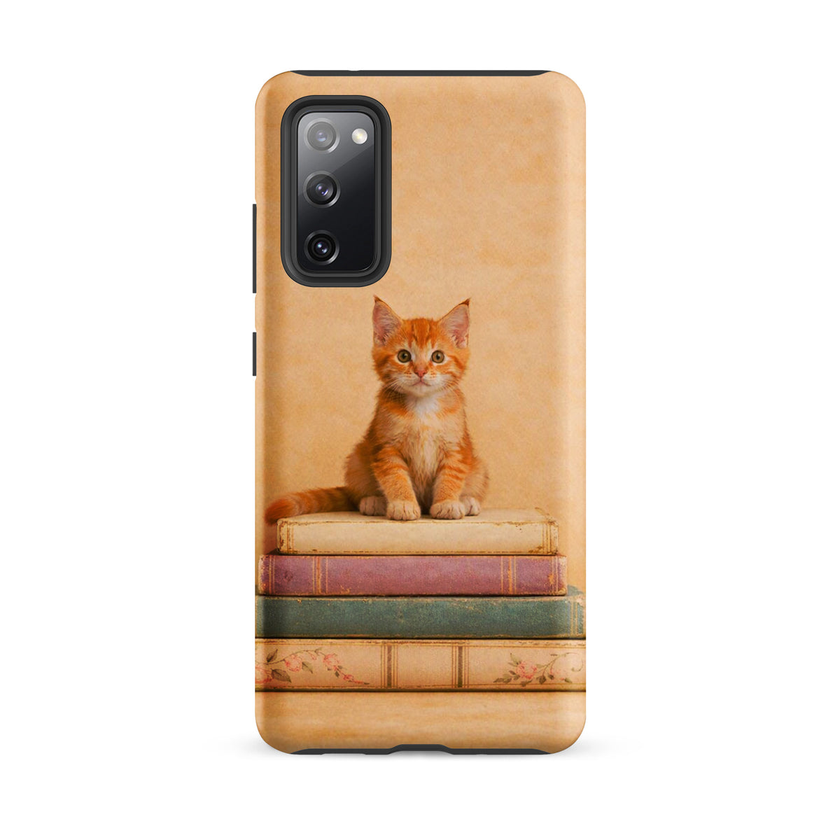 Phone Case for Samsung Galaxy with cozy kitten and vintage books design, featuring an orange tabby cat on pastel books.