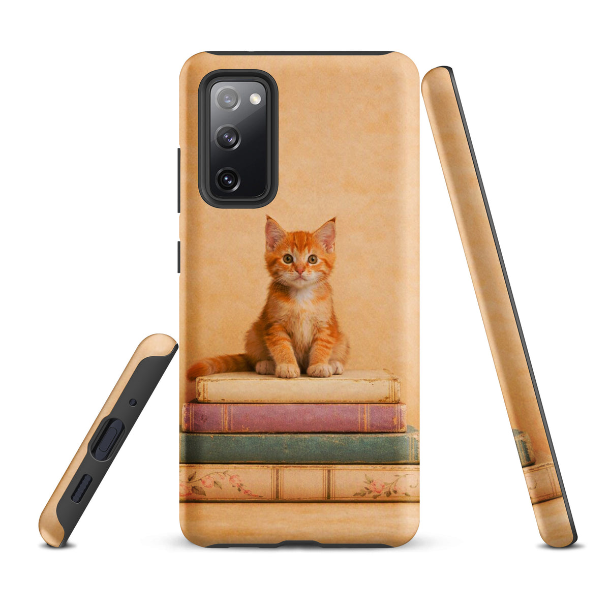 Phone Case for Samsung Galaxy with orange tabby kitten on vintage books design, cozy and protective.