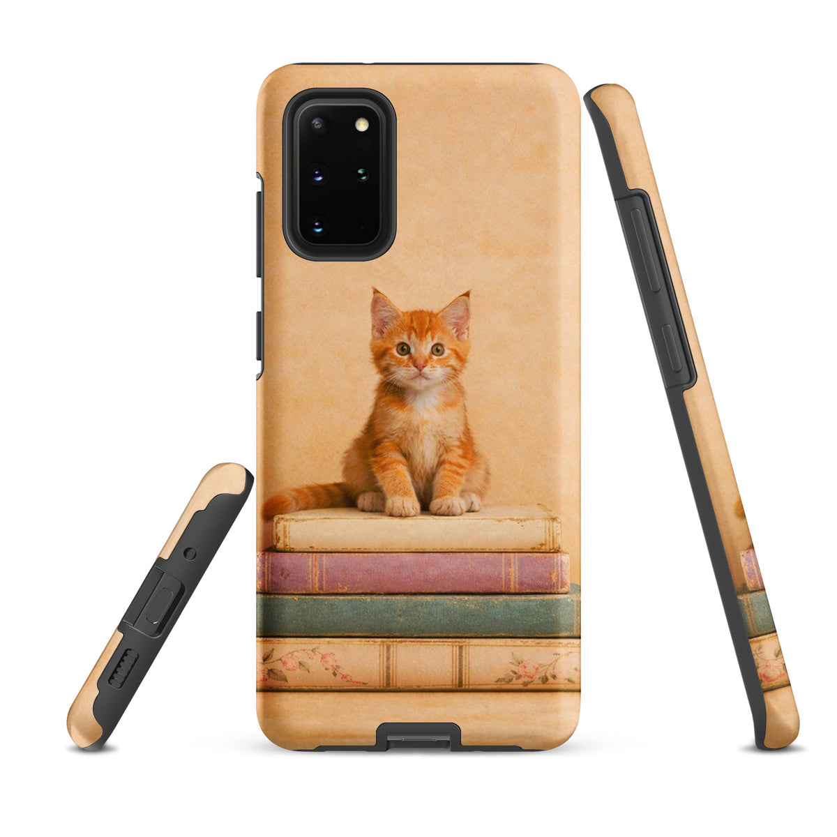 Phone Case for Samsung Galaxy featuring cozy kitten on vintage books, charming orange tabby design for cat and book lovers.