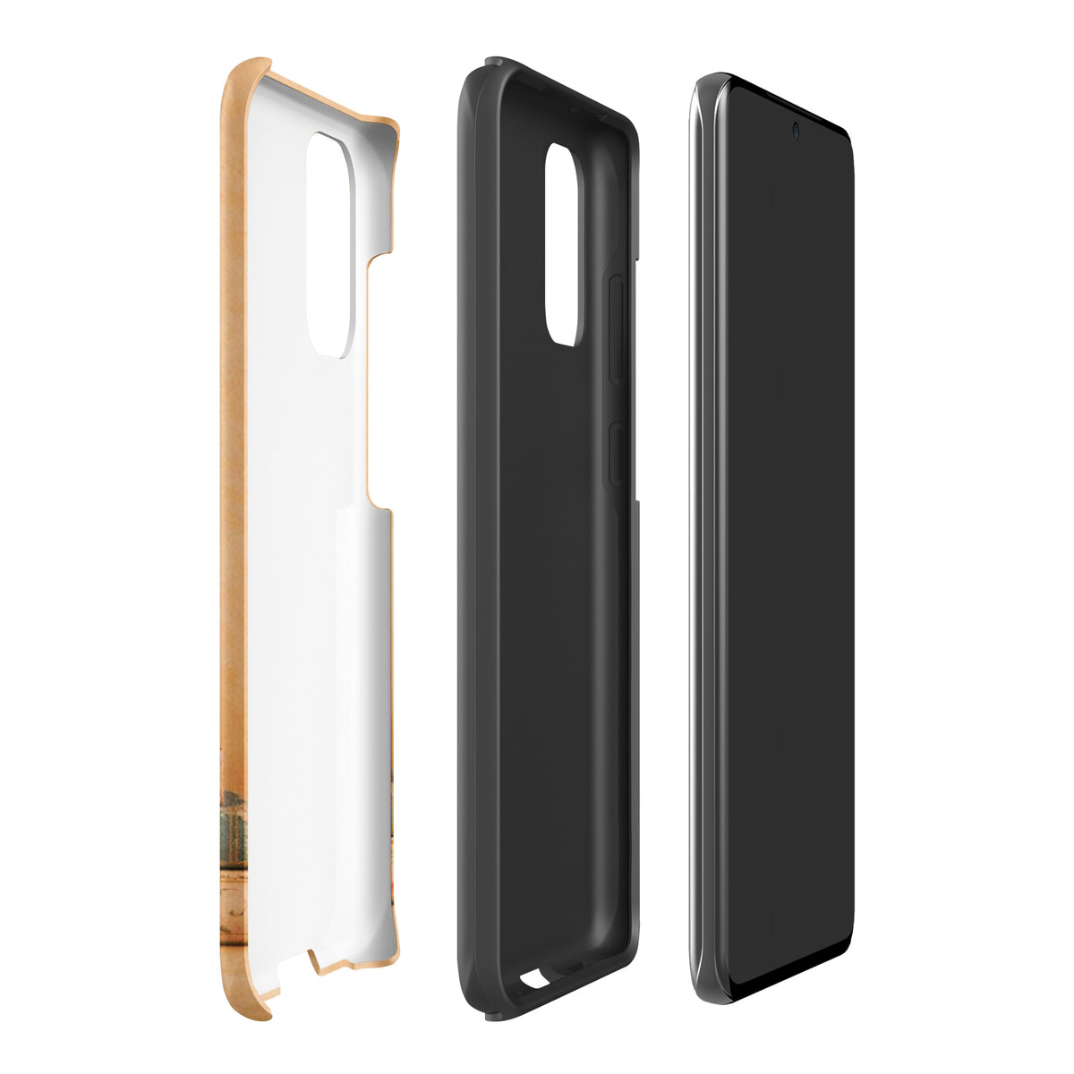 Phone Case for Samsung Galaxy with cozy kitten and vintage books design, showcasing side and back view for protective fit.