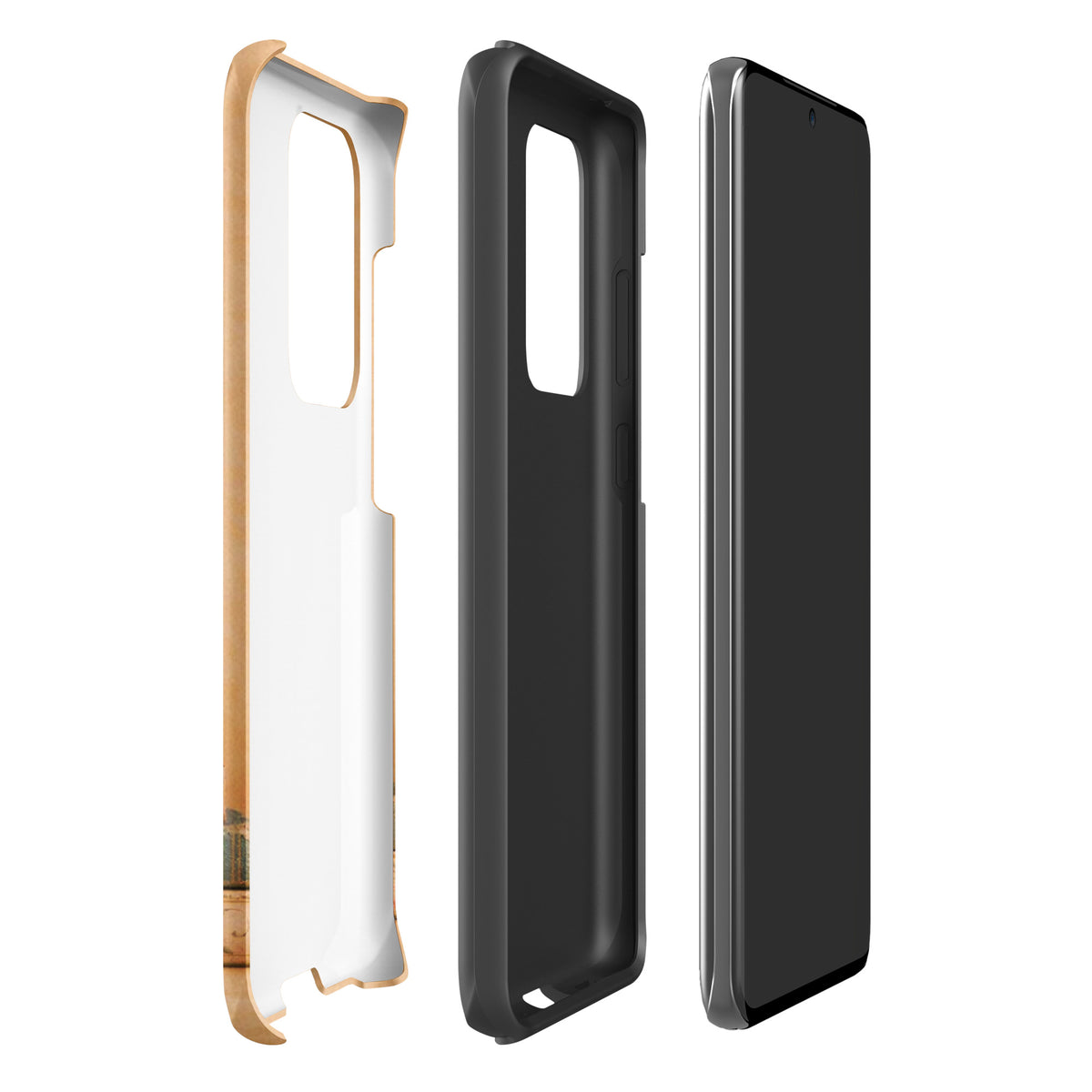 Phone Case for Samsung Galaxy with cozy kitten and vintage books design showing inner layers and protection features.