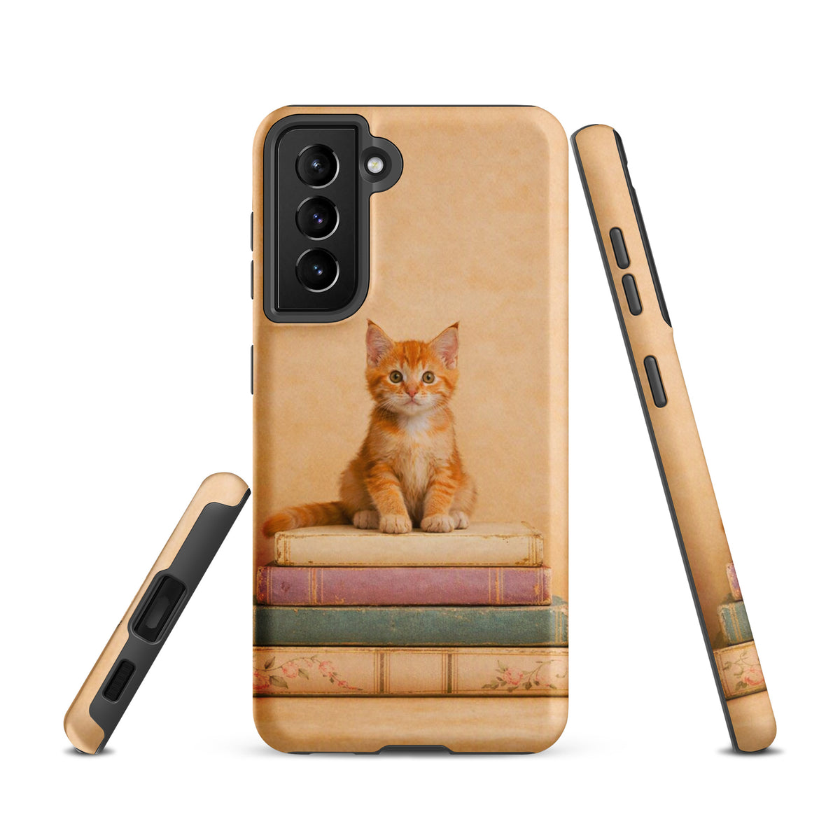 Phone Case for Samsung Galaxy with cozy kitten and vintage books design, featuring an orange tabby cat.
