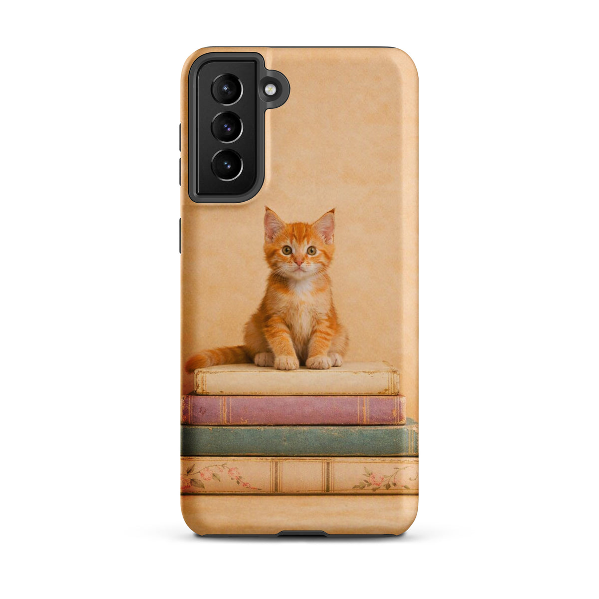 Phone Case featuring an orange kitten on vintage pastel books design for Samsung Galaxy.