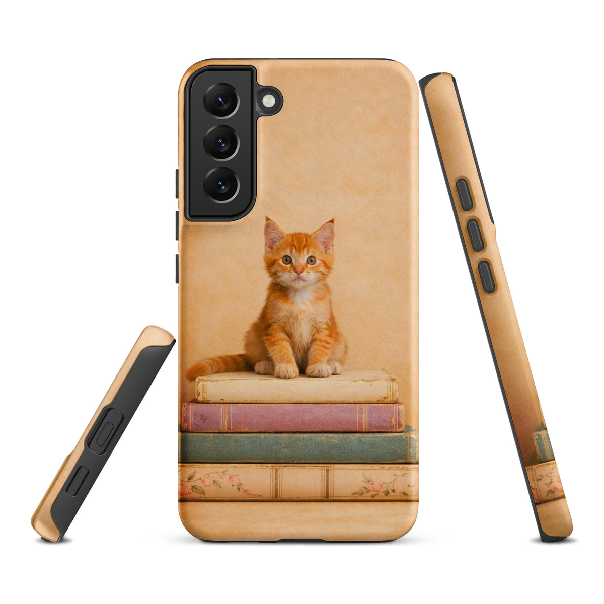 Phone Case for Samsung Galaxy with cozy kitten on vintage books design, featuring an orange tabby on pastel book stack. Adorable and protective.