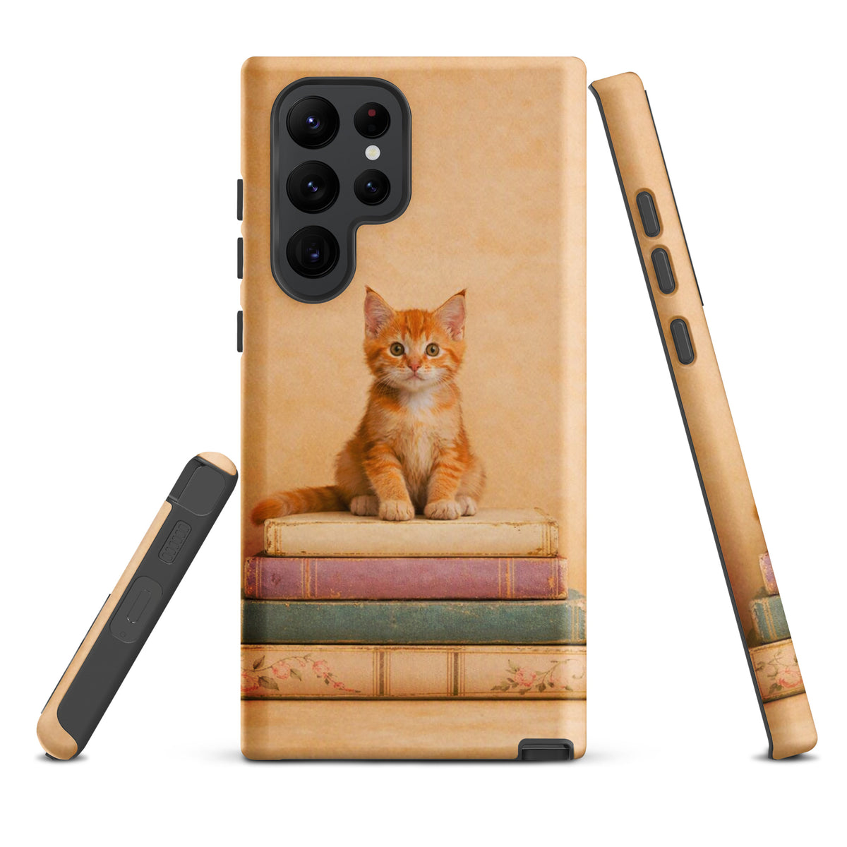 Phone Case for Samsung Galaxy with cute kitten on vintage books design, featuring a cozy and charming aesthetic.
