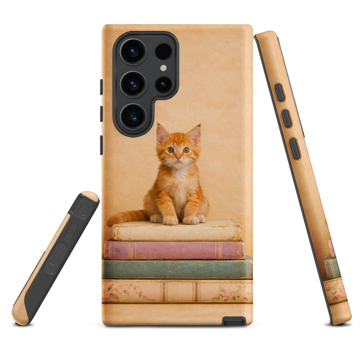 Phone Case for Samsung Galaxy with cozy kitten and vintage books design, featuring an orange tabby on stacked pastel books.