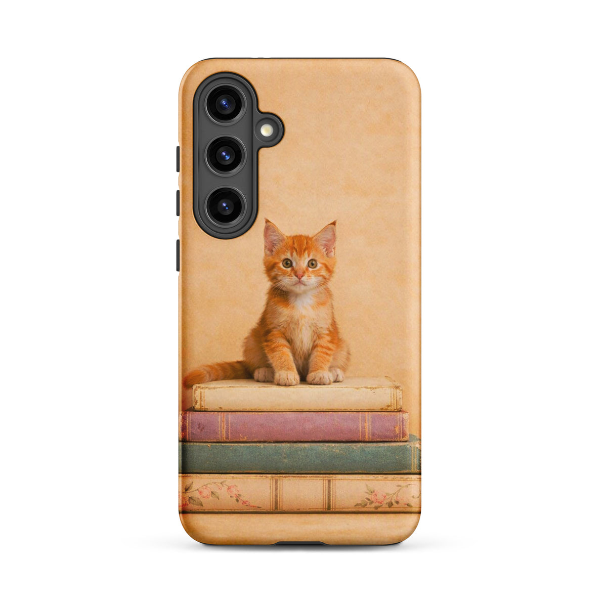 Phone Case for Samsung Galaxy featuring orange kitten on vintage books, cozy and protective design.