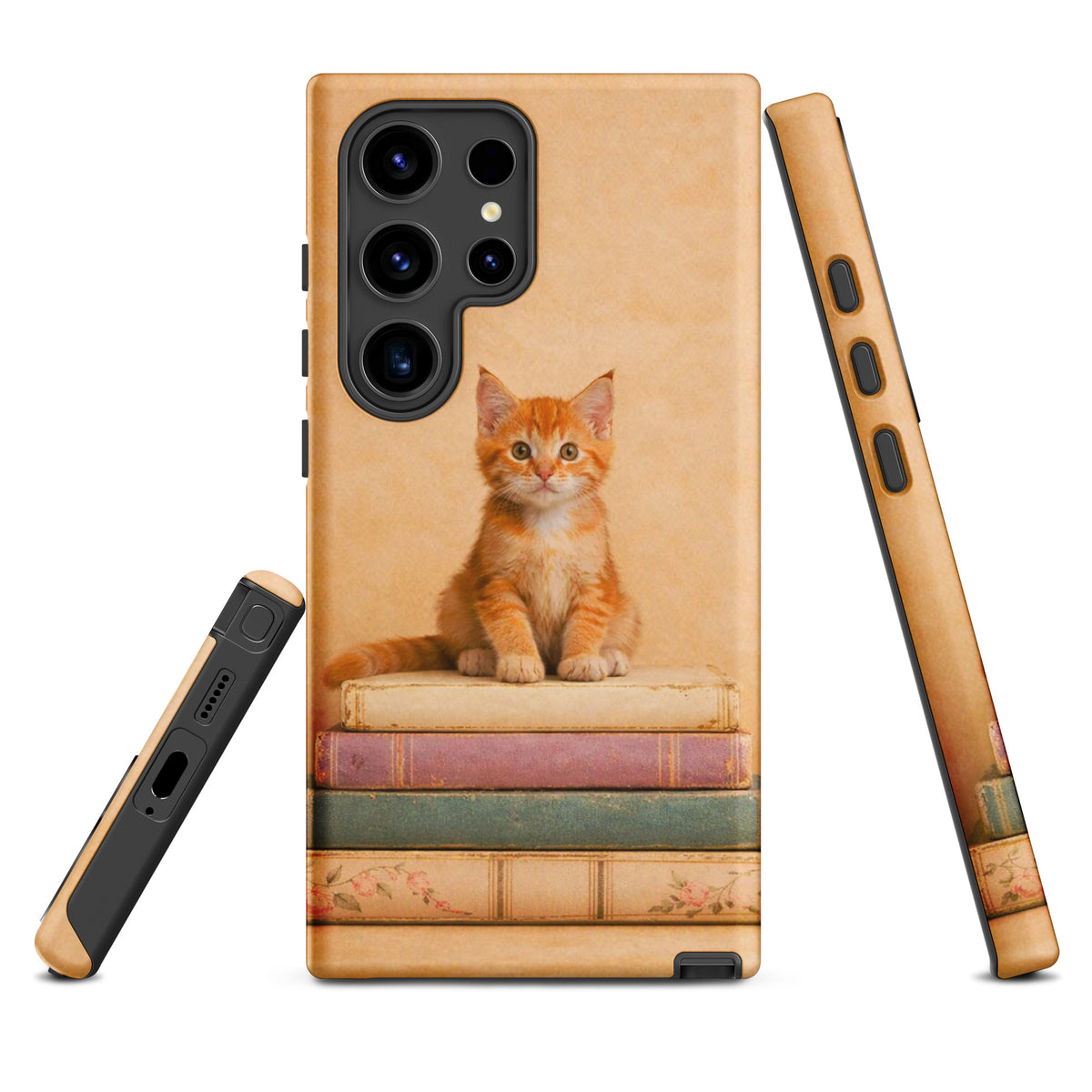 Phone Case for Samsung Galaxy with orange kitten on vintage books design, cozy and artistic protection for cat lovers and book enthusiasts.