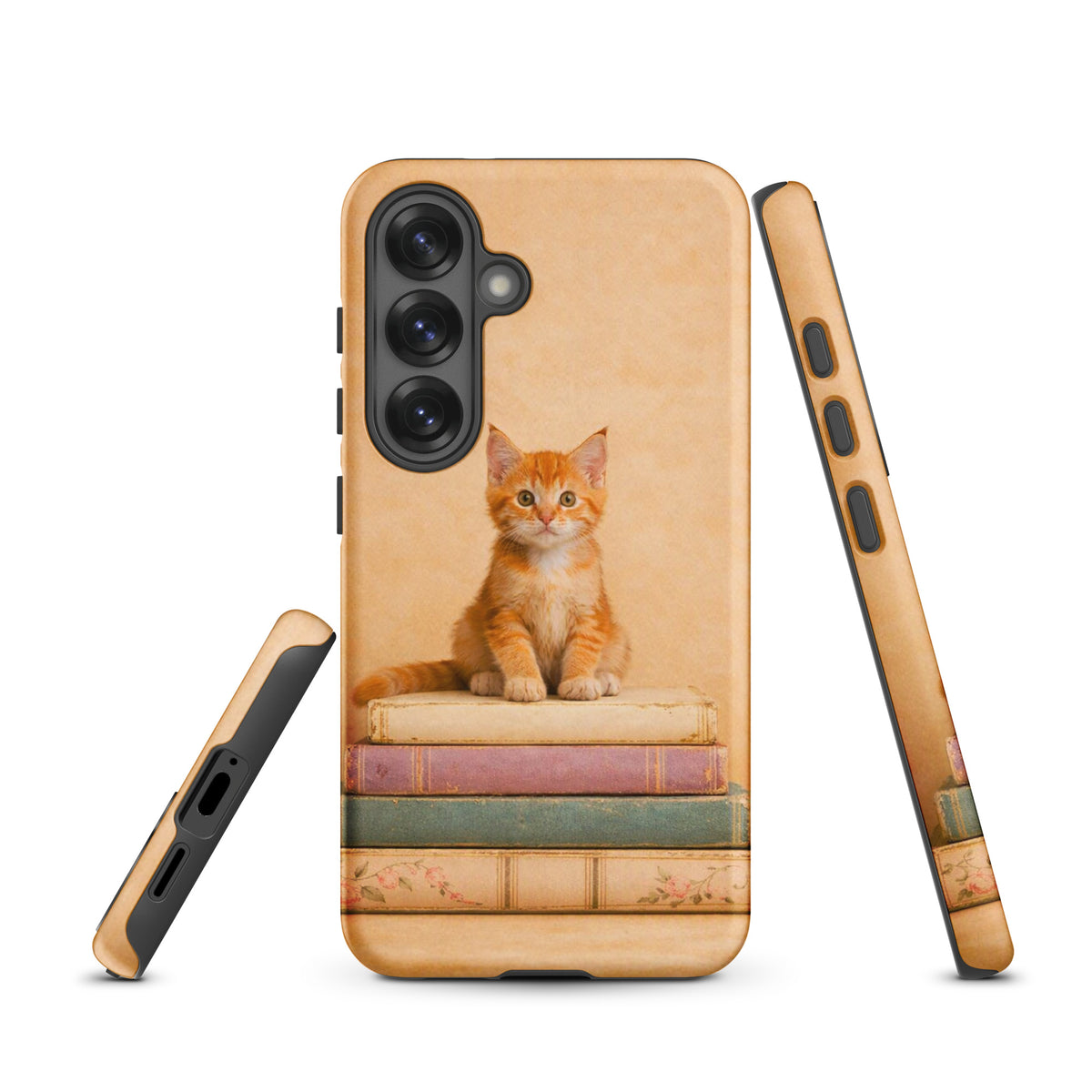 Phone Case for Samsung Galaxy featuring orange tabby kitten on vintage books, cozy design for cat and book lovers.