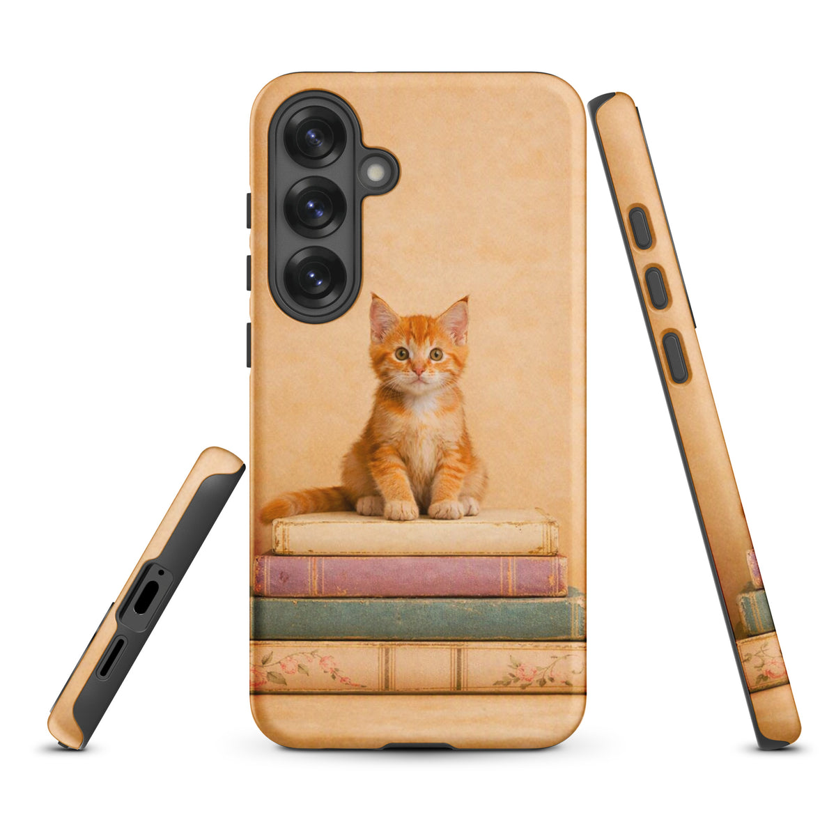 Phone Case for Samsung Galaxy featuring orange tabby kitten on vintage pastel books, cozy and artistic design.