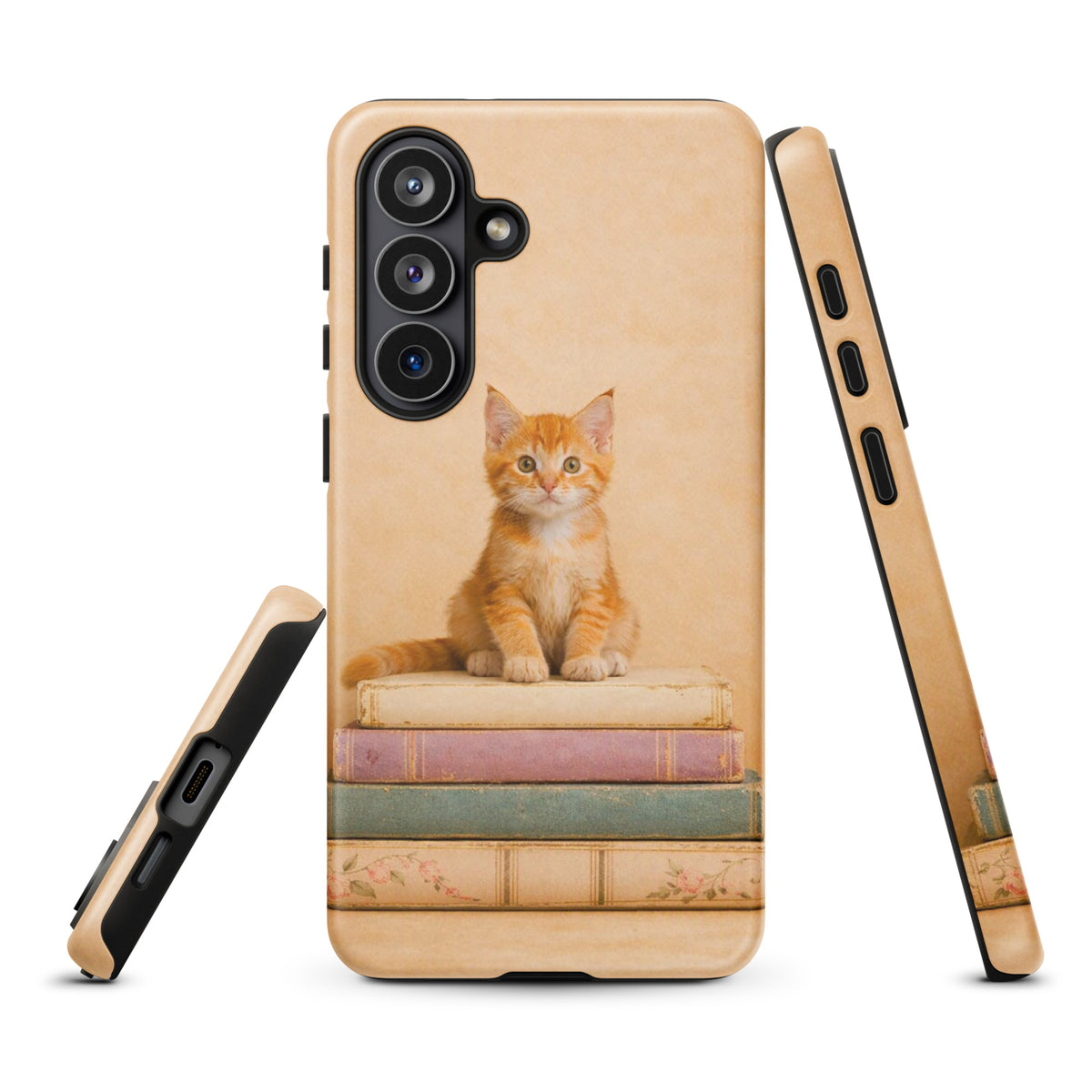 Phone Case for Samsung Galaxy with cozy kitten on vintage books design, featuring orange tabby on pastel stack.