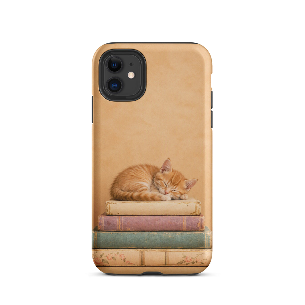 Phone Case for iPhone with sleeping kitten on vintage books, featuring warm colors and cat illustration.