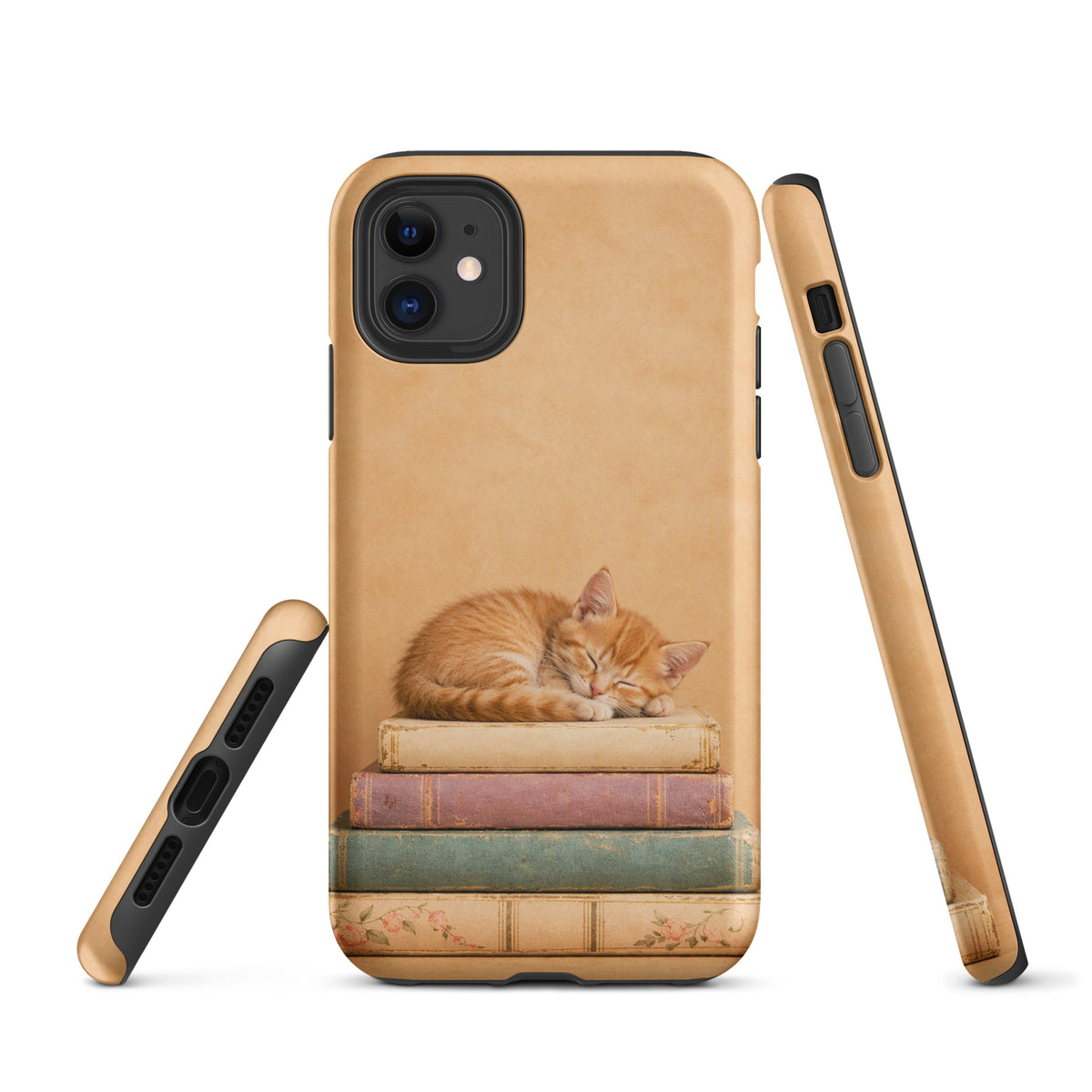 Phone Case with Sleeping Kitten on Vintage Books for iPhone