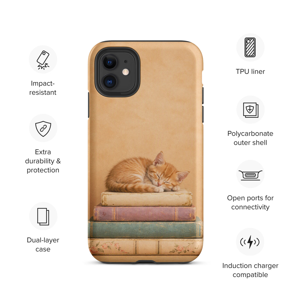 Phone Case for iPhone with sleeping kitten on vintage books design, features impact-resistant and dual-layer protection.