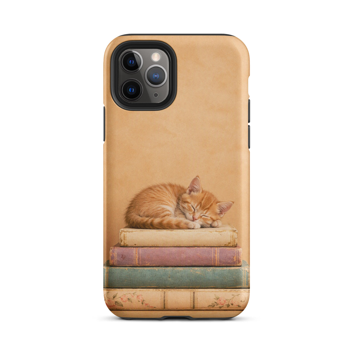 Phone Case for iPhone featuring orange kitten napping on vintage books, cozy and charming design ideal for book and cat lovers.