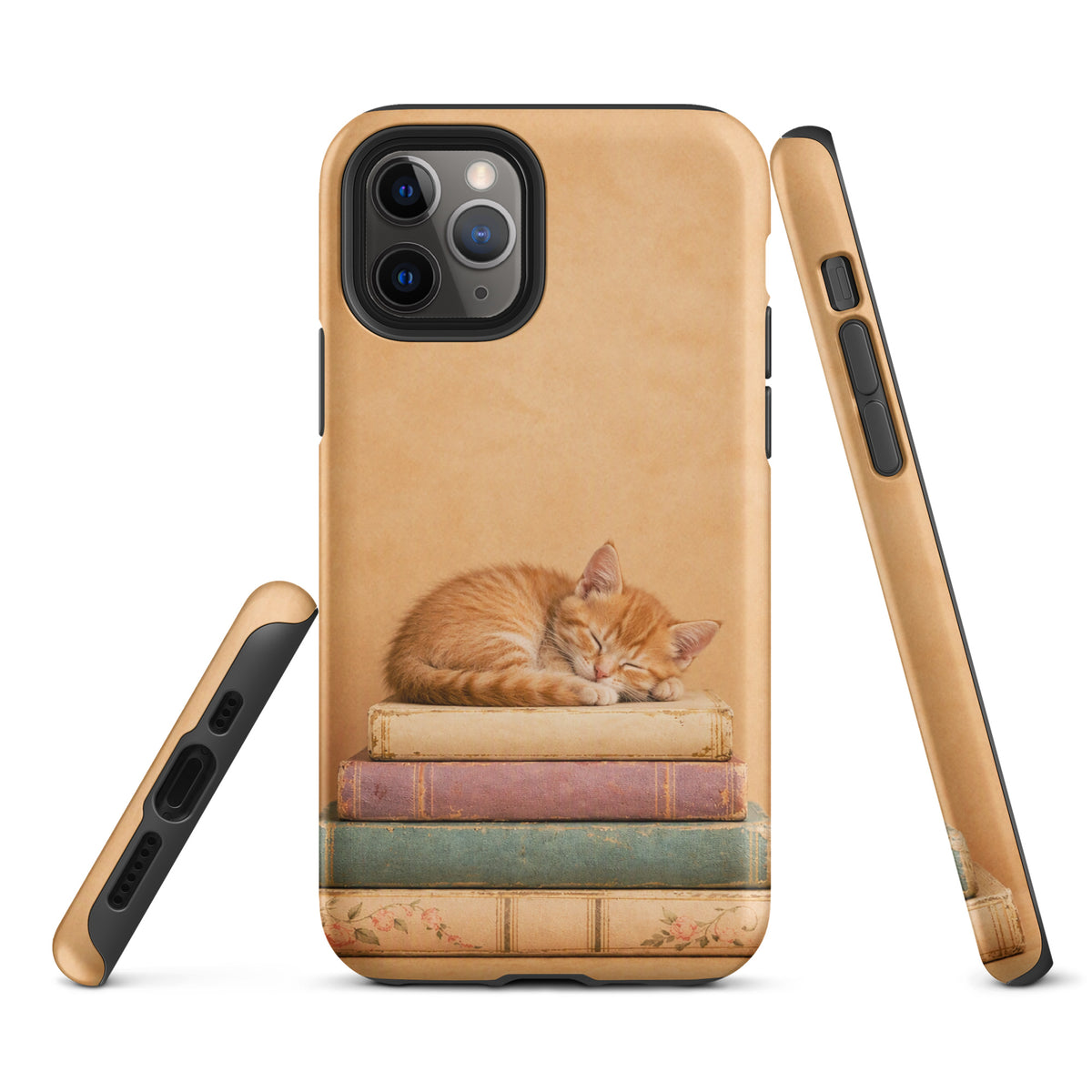 Phone Case featuring a sleeping orange kitten on vintage books with warm neutral tones, ideal for iPhone.
