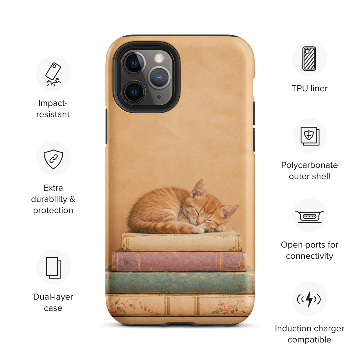 Phone Case for iPhone with sleeping kitten on vintage books, featuring durable TPU liner and charming design with warm colors.
