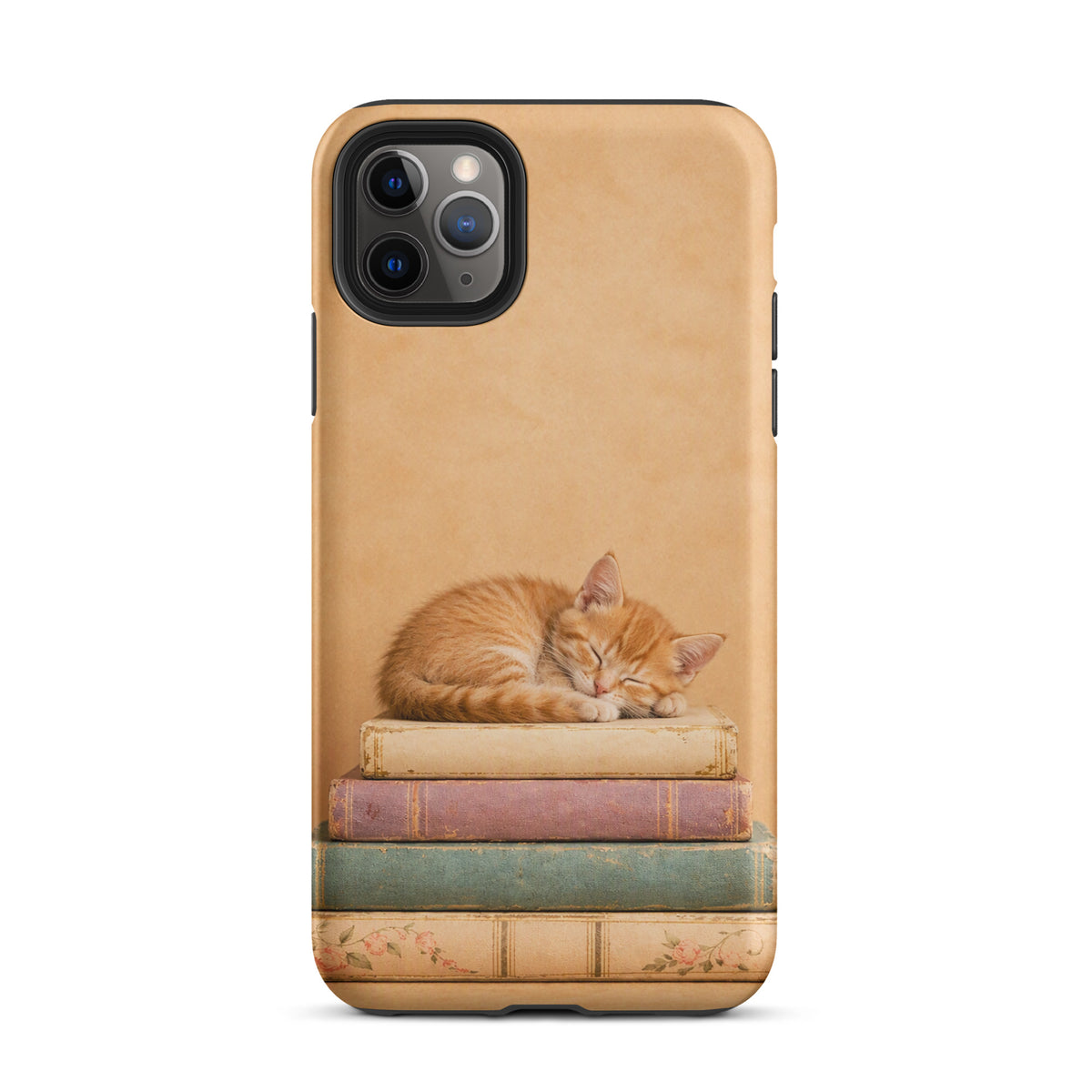Phone Case for iPhone featuring sleeping kitten on vintage books, cozy design with orange cat illustration and book stack.