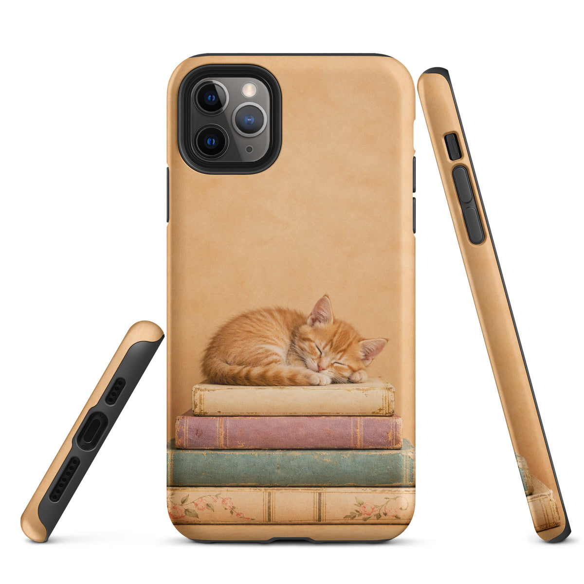 Phone Case for iPhone featuring a sleeping orange kitten on vintage books, perfect for book lovers and cat enthusiasts.