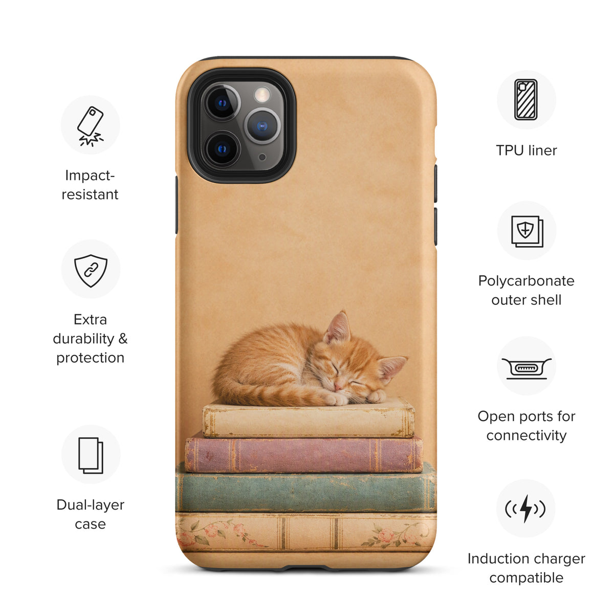 Phone Case for iPhone with a sleeping kitten on vintage books, showcasing cozy design and protective features in warm neutral colors.