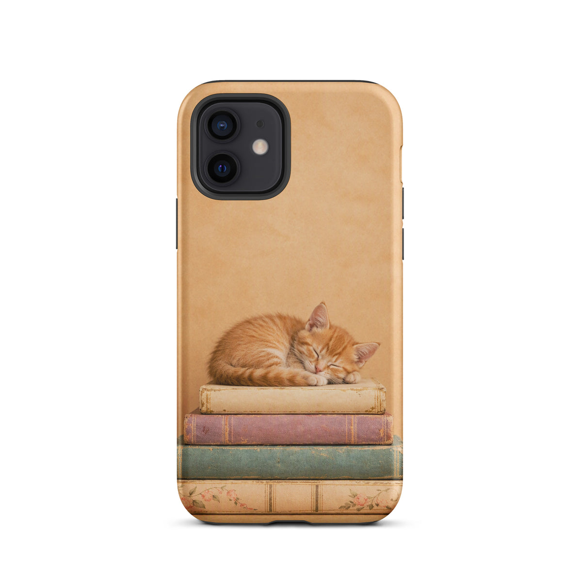 Phone Case for iPhone with sleeping kitten on vintage books, featuring an orange cat napping atop a stack of well-loved vintage books.