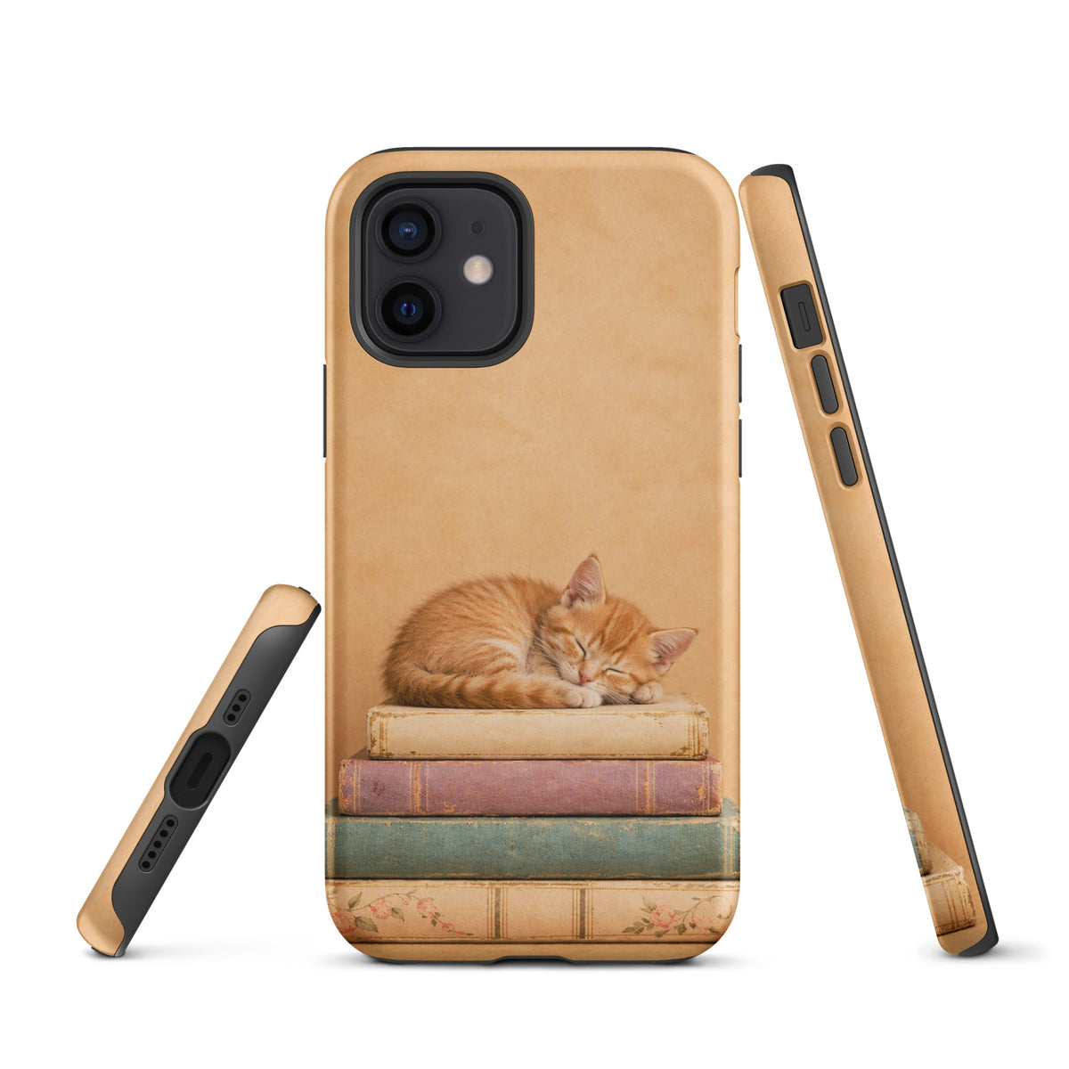 Phone Case for iPhone featuring a sleeping orange kitten on vintage books design.