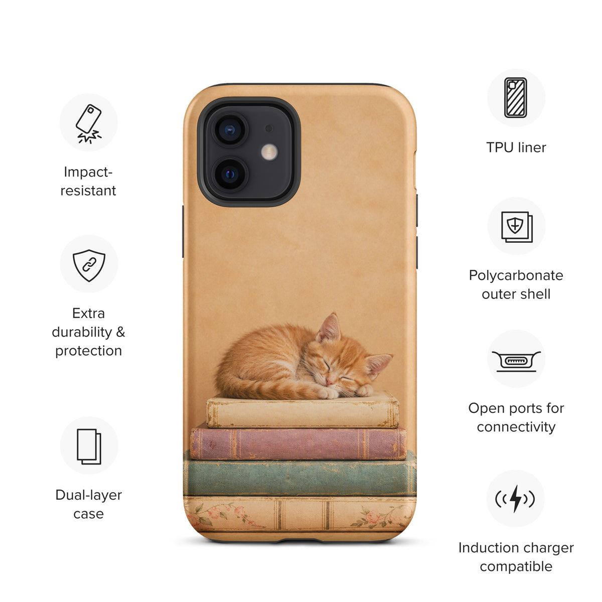 Phone Case featuring sleeping kitten on vintage books for iPhone, cozy and charming design with durable materials.