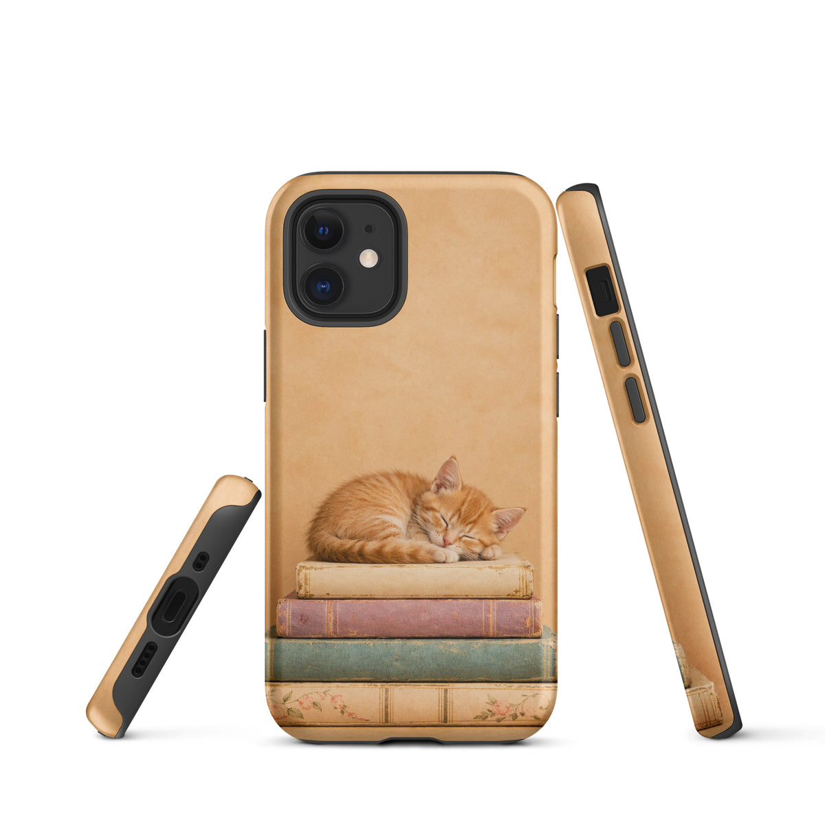 Phone Case for iPhone with sleeping kitten on vintage books, featuring warm neutral colors and a detailed cat illustration.