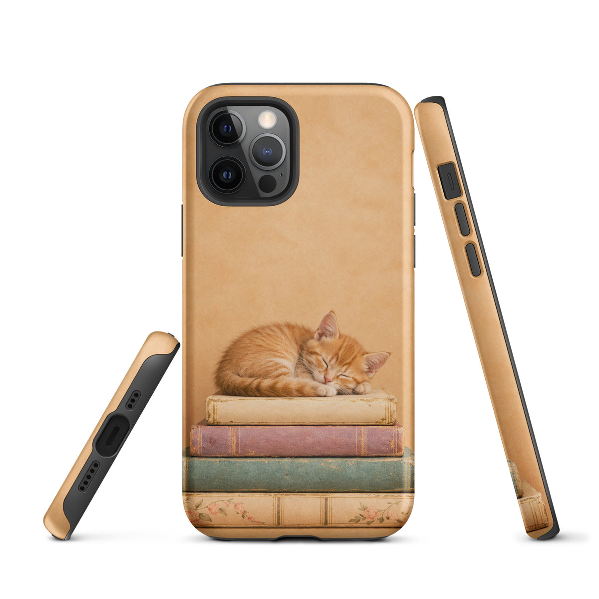 Phone Case for iPhone featuring a sleeping kitten on vintage books with warm colors and a charming design.