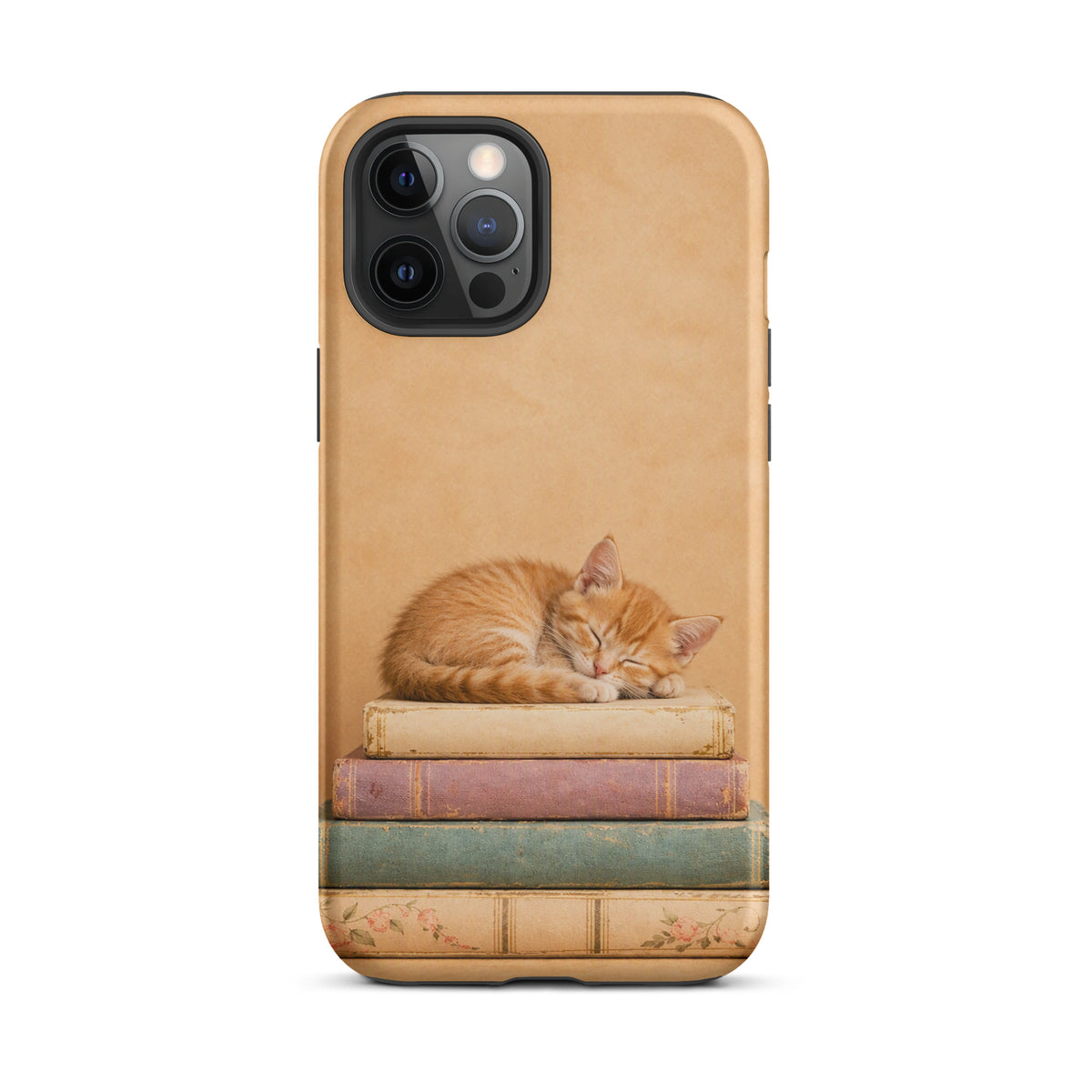 Phone Case for iPhone featuring a sleeping kitten on vintage books, warm colors, cozy design for book lovers and cat enthusiasts.