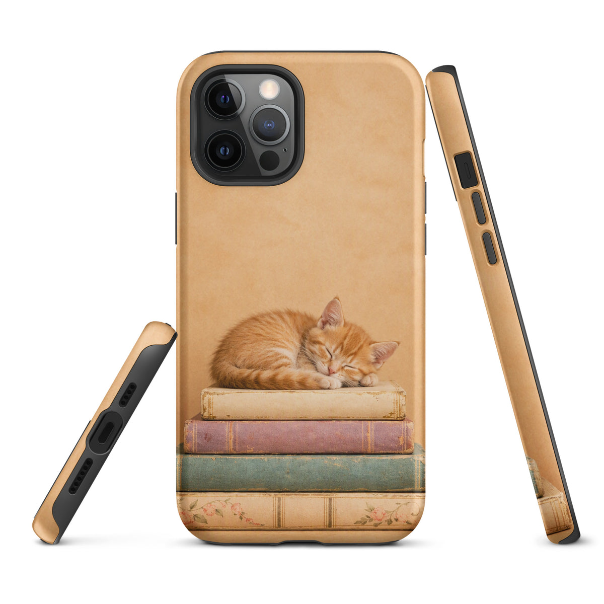 Phone Case with sleeping kitten on vintage books, iPhone accessory with orange cat illustration and neutral colors.