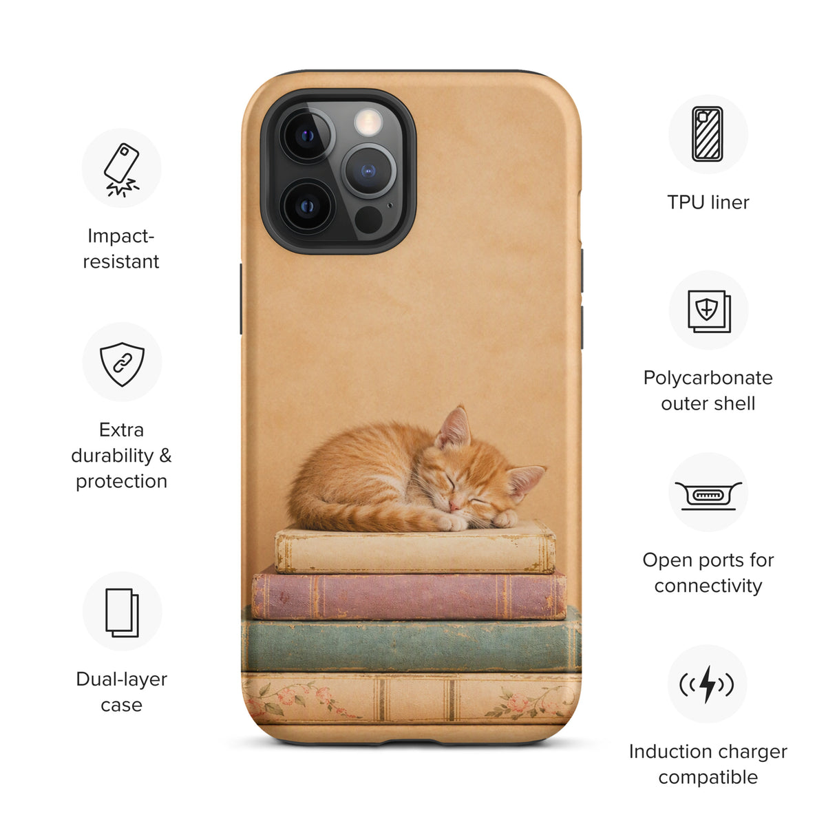 Phone Case for iPhone with sleeping kitten on vintage books, showcasing durability with TPU liner and polycarbonate shell.