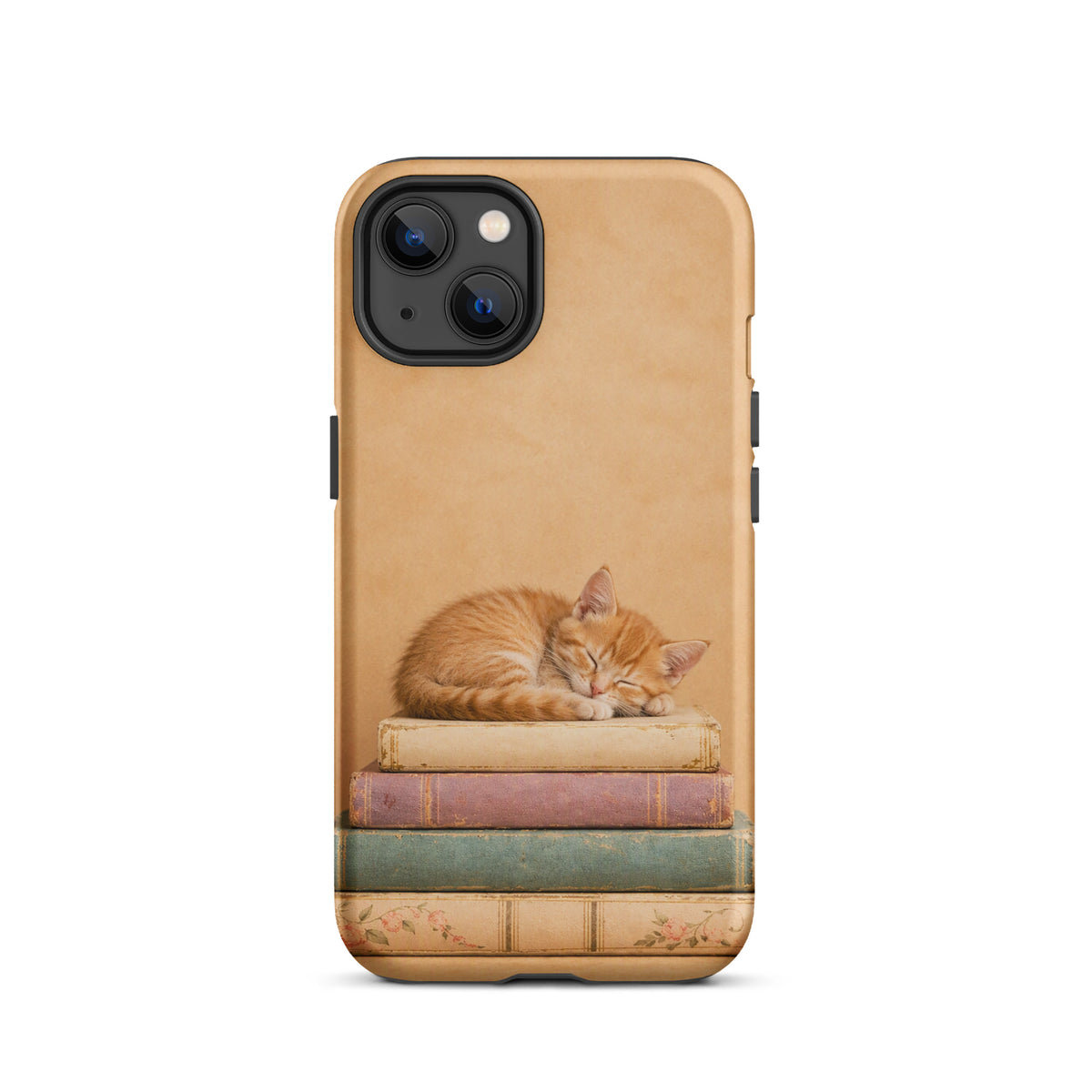 Phone Case for iPhone with sleeping kitten on vintage books design, cozy and charming illustration of orange cat napping.