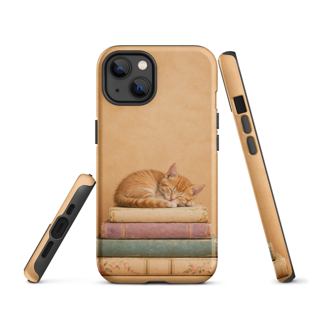Phone Case featuring sleeping kitten on vintage books illustration