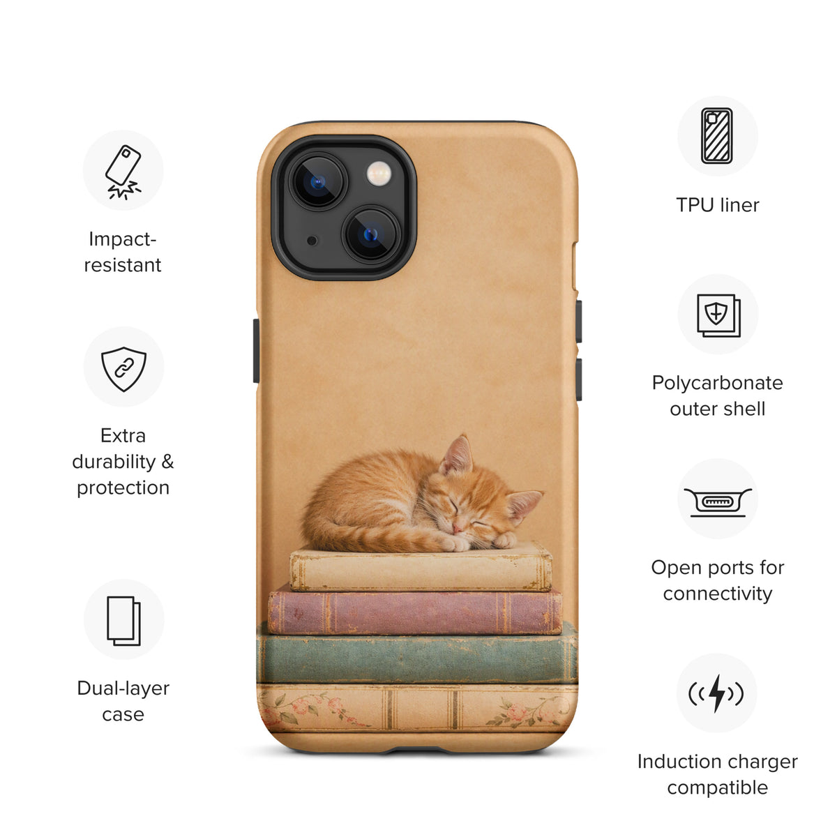 Phone Case featuring sleeping kitten on vintage books, warm neutral colors, adorable orange cat illustration, durable dual-layer design.
