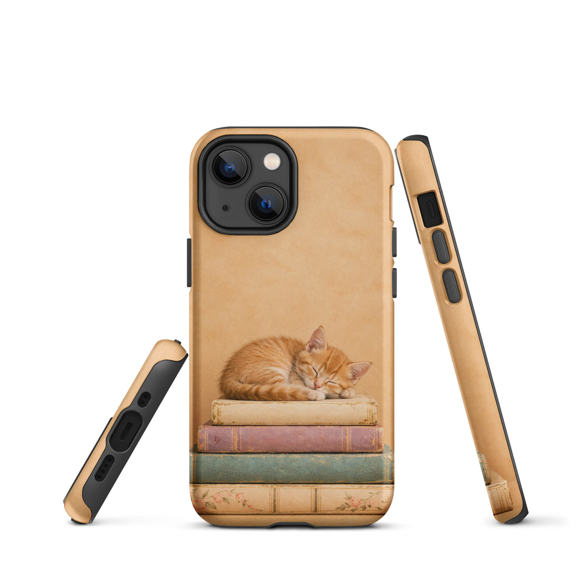 Phone Case for iPhone featuring sleeping kitten on vintage books with warm neutral colors and charming design.