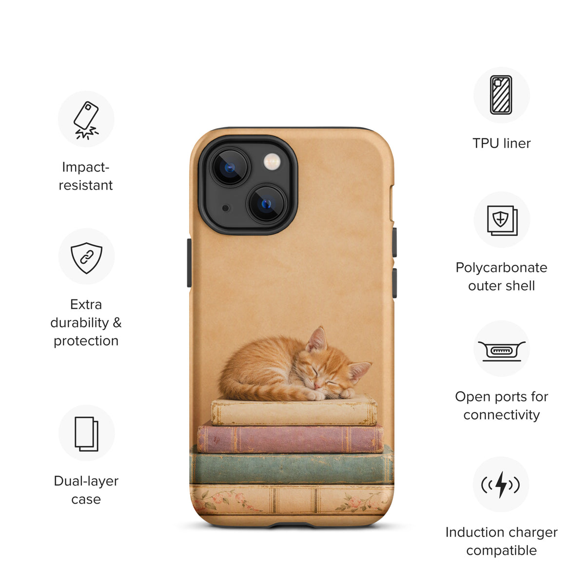 Phone Case for iPhone with sleeping kitten on vintage books. Durable dual-layer design with TPU liner and polycarbonate shell.