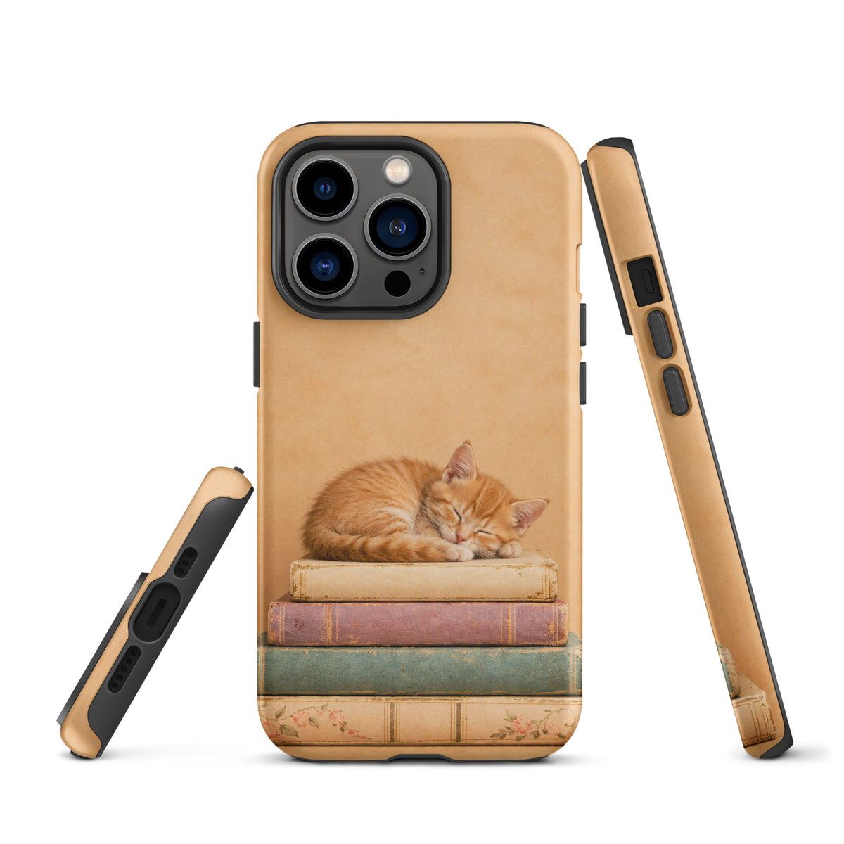 Phone Case for iPhone with sleeping kitten on vintage books, featuring an orange cat illustration and retro book design.