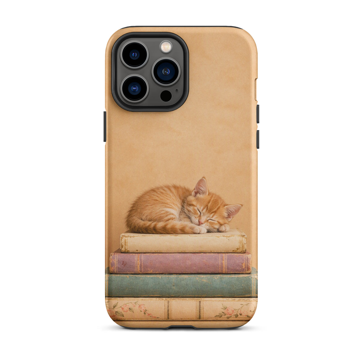 Phone Case for iPhone with sleeping kitten on vintage books. Cozy design with orange kitten curled up on stacked old books.