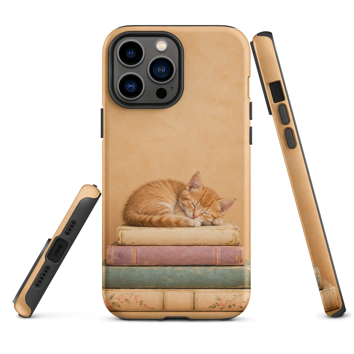 Phone Case featuring a sleeping kitten on vintage books, perfect for iPhone, charming design with warm colors and an adorable cat illustration.