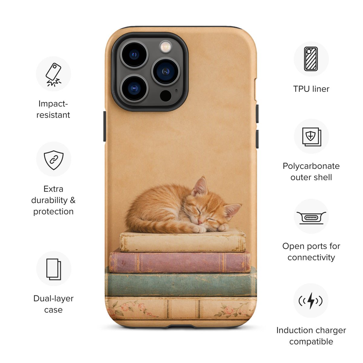 Phone Case for iPhone with sleeping kitten on vintage books, featuring a cozy orange cat and classic book stack design.
