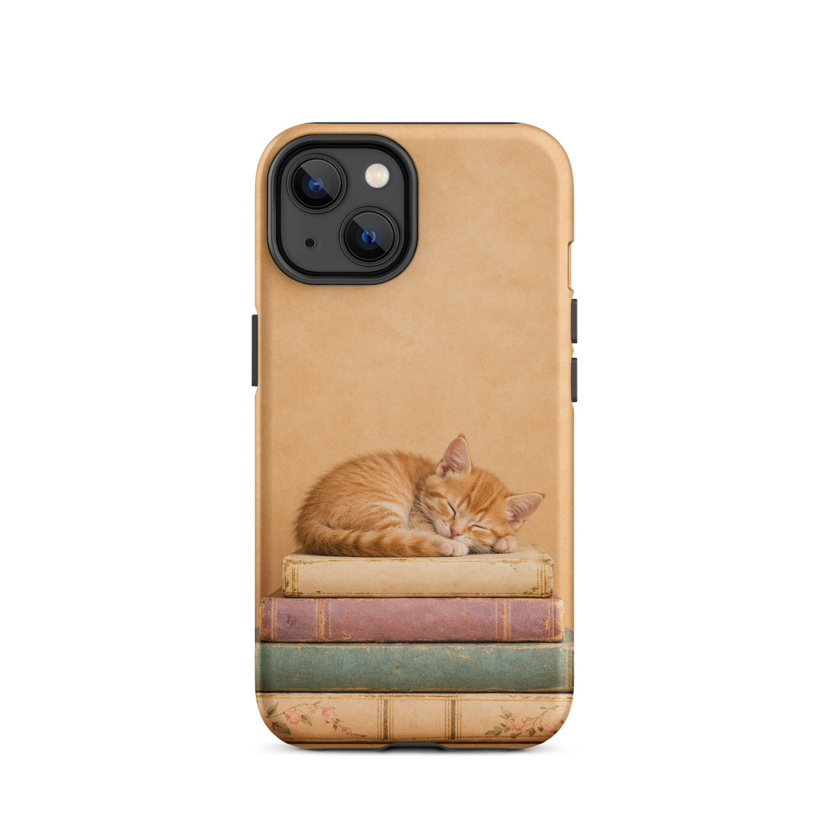Phone Case for iPhone with Sleeping Kitten on Vintage Books, featuring an orange cat on classic book stack in warm colors.