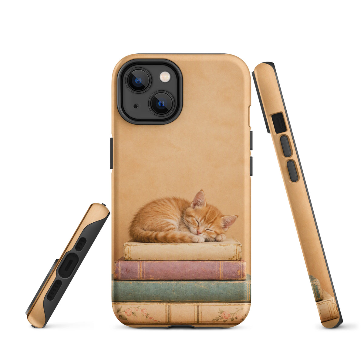 Phone Case for iPhone featuring sleeping kitten on vintage books with warm colors, perfect for book and cat lovers.